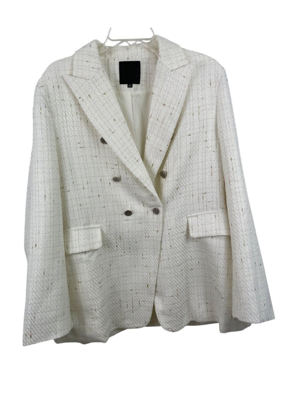 Mina Self Tweed Blazer Jacket Size XXL Ivory Gold Thread Plaid Double Breasted